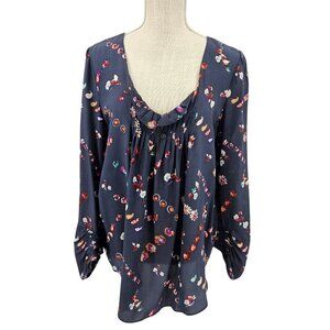 Rebecca Taylor Floral Silk Blouse Top Gray Women’s Size 8 Boho Hippie Preppy